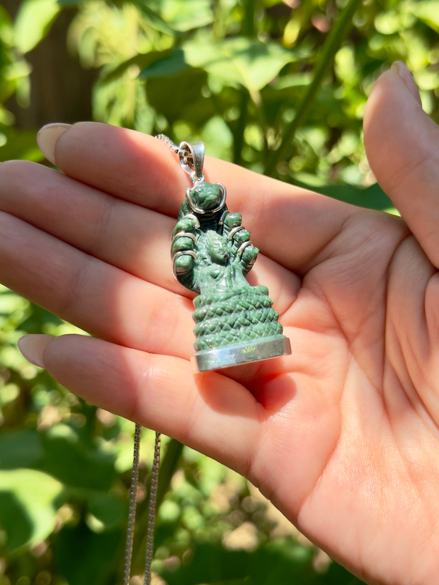 Khmer Style Green Pursat Stone Naga Buddha in Silver