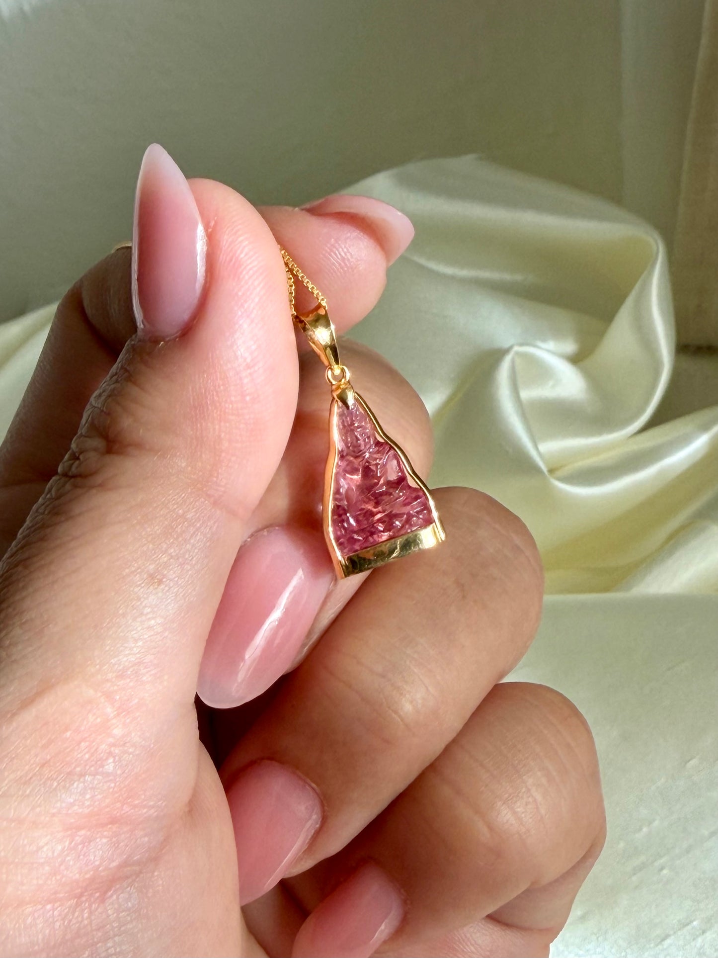Pink Tourmaline Gemstone Buddha Pendant 18k Gold #914