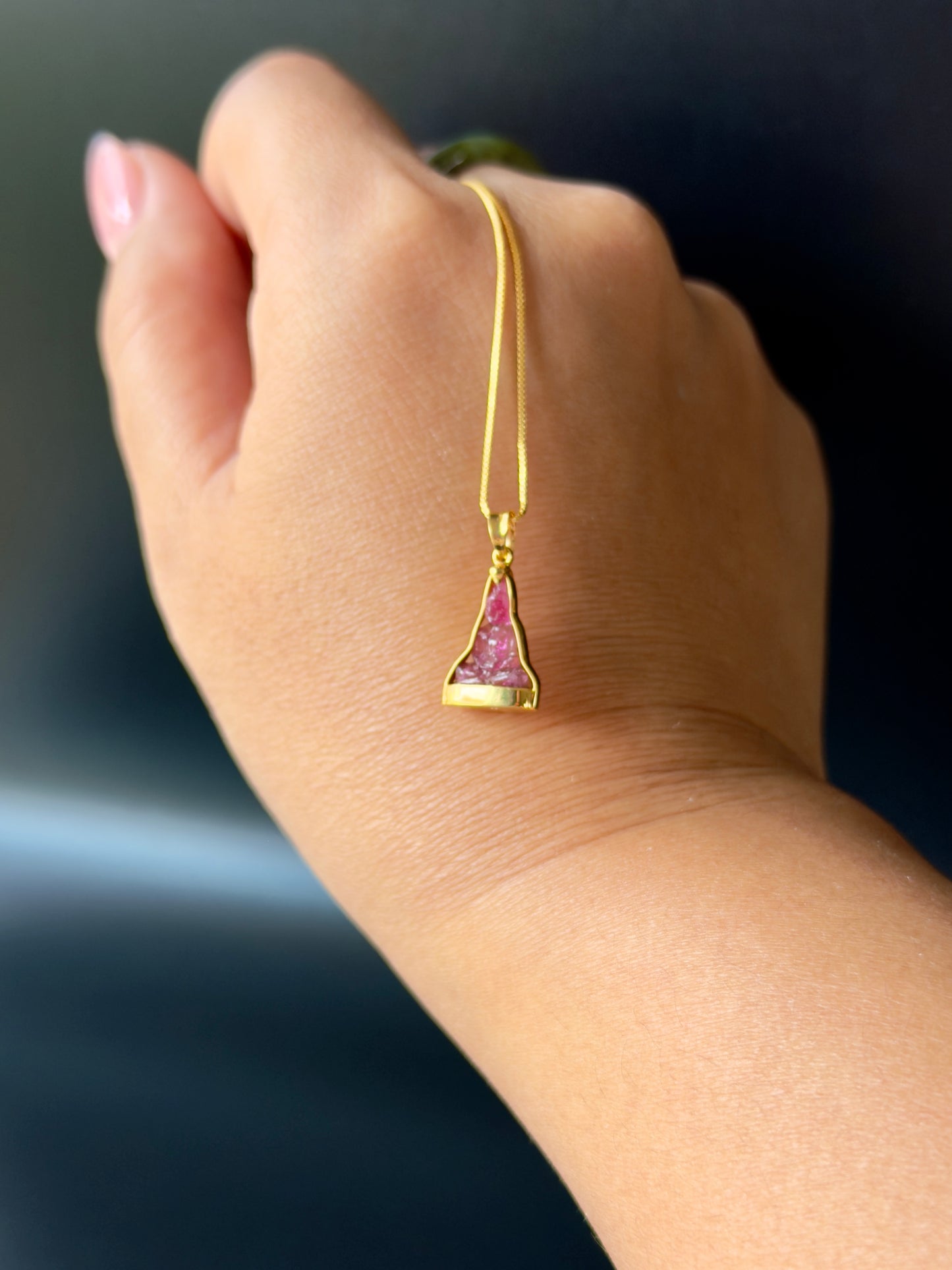 Pink Tourmaline Gemstone Buddha Pendant 18k Gold #916
