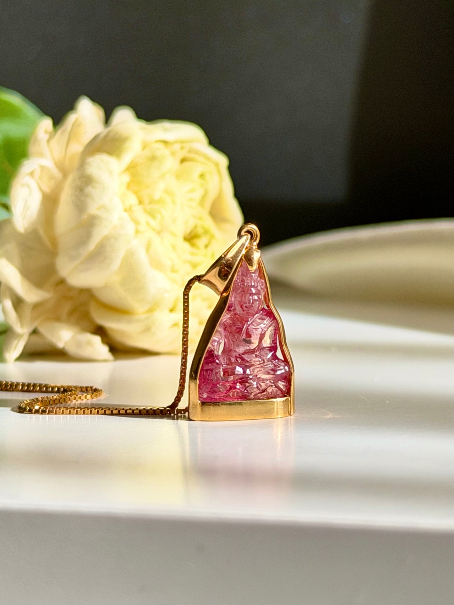 Pink Tourmaline Gemstone Buddha Pendant 18k Gold #914