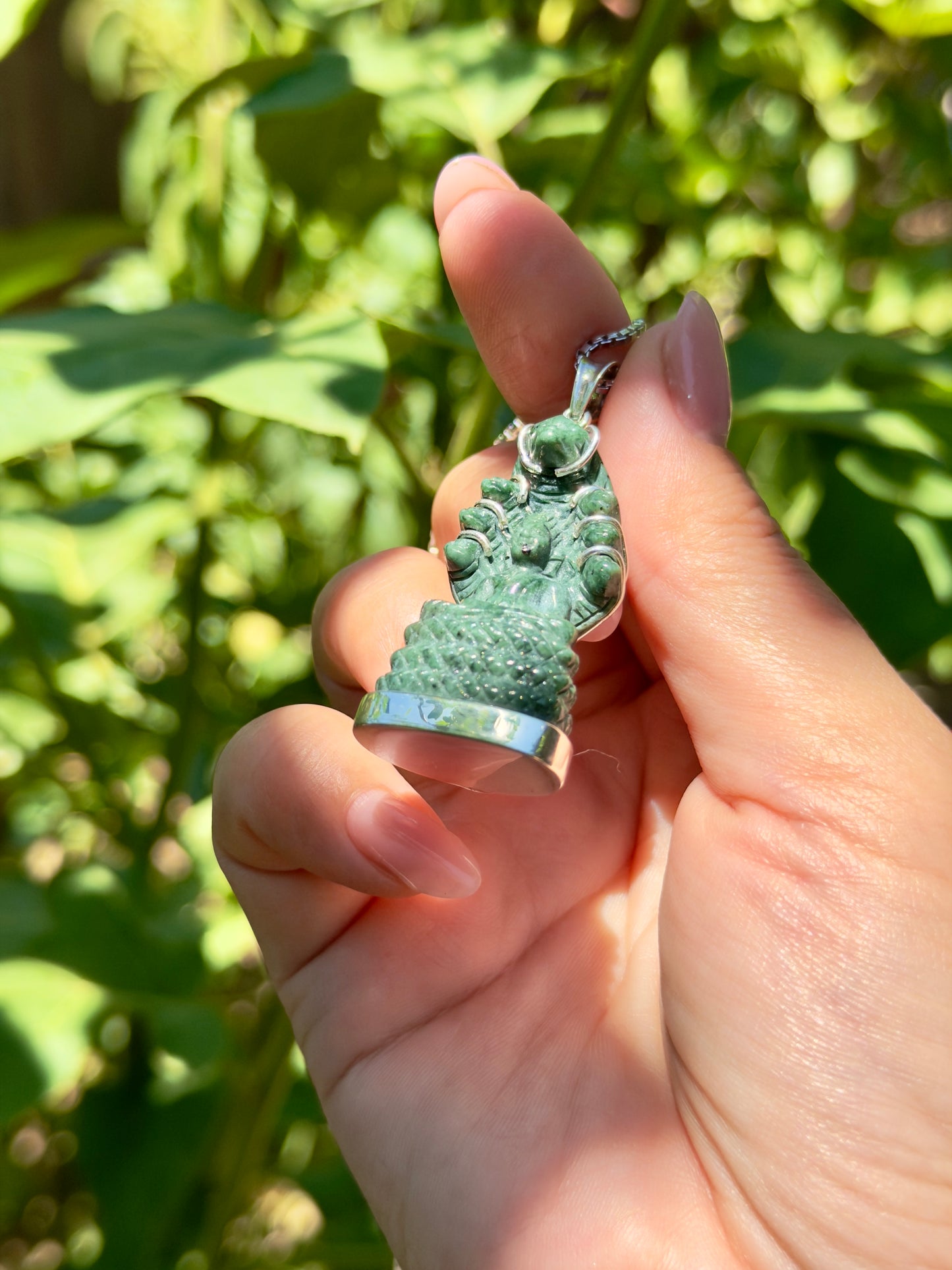 Khmer Style Green Pursat Stone Naga Buddha in Silver