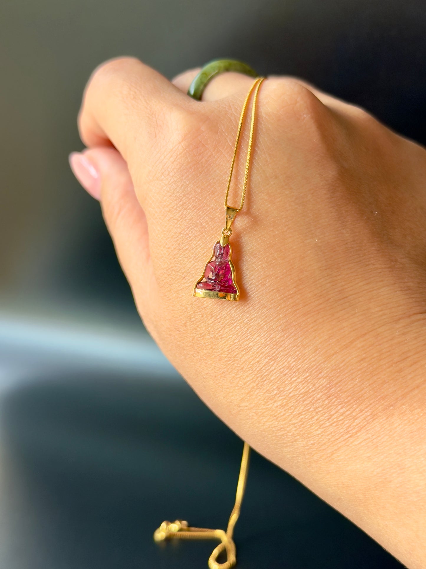 Pink Tourmaline Gemstone Buddha Pendant 18k Gold #917