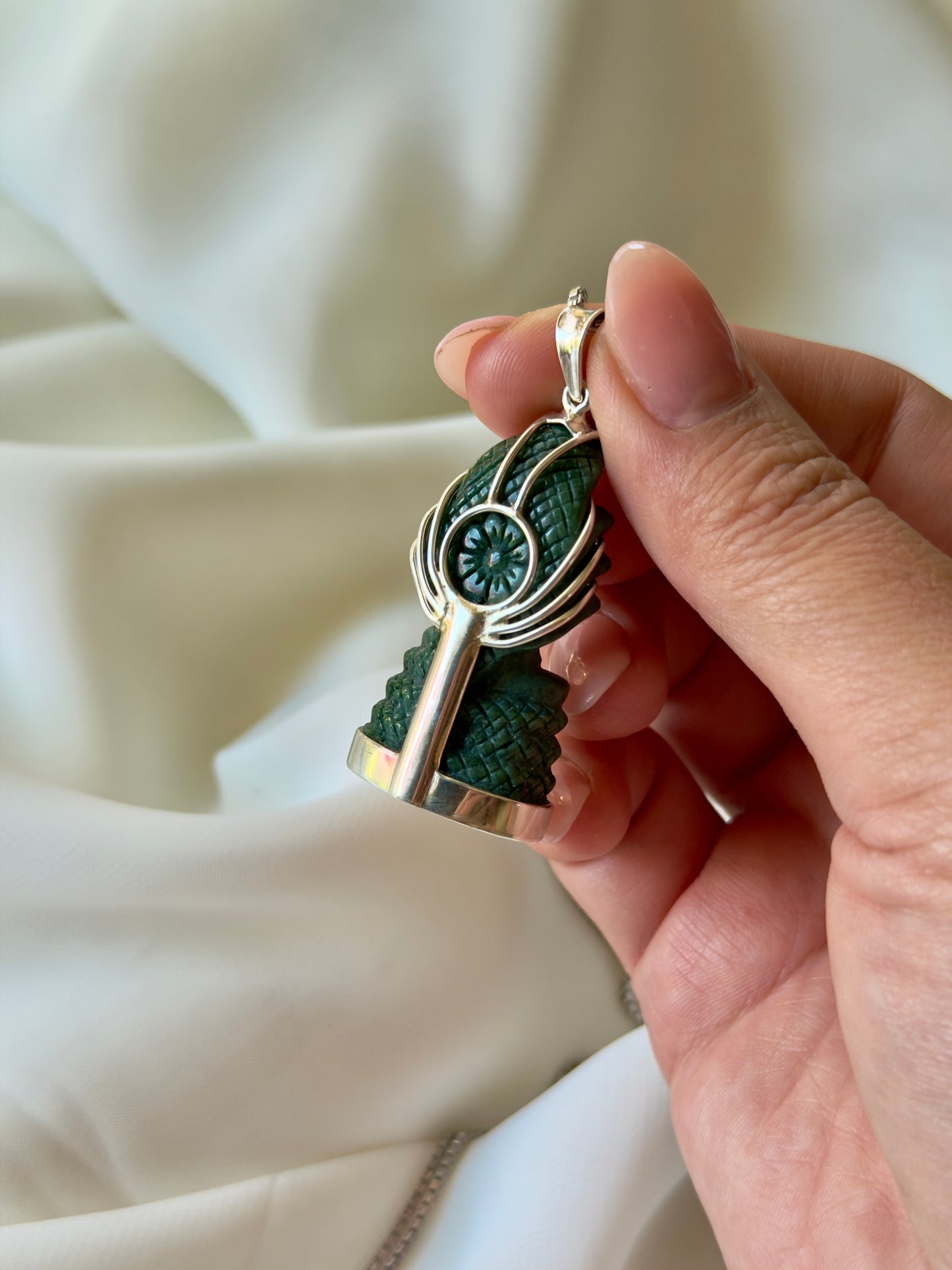 Khmer Style Green Pursat Stone Naga Buddha in Silver