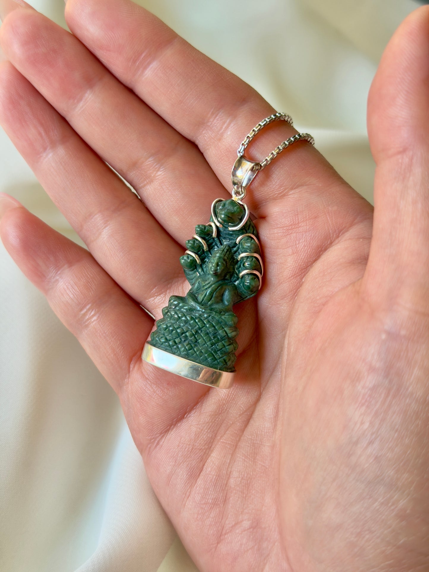 Khmer Style Green Pursat Stone Naga Buddha in Silver