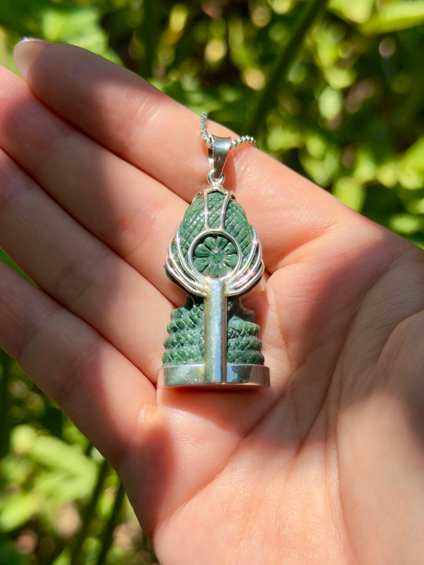 Khmer Style Green Pursat Stone Naga Buddha in Silver