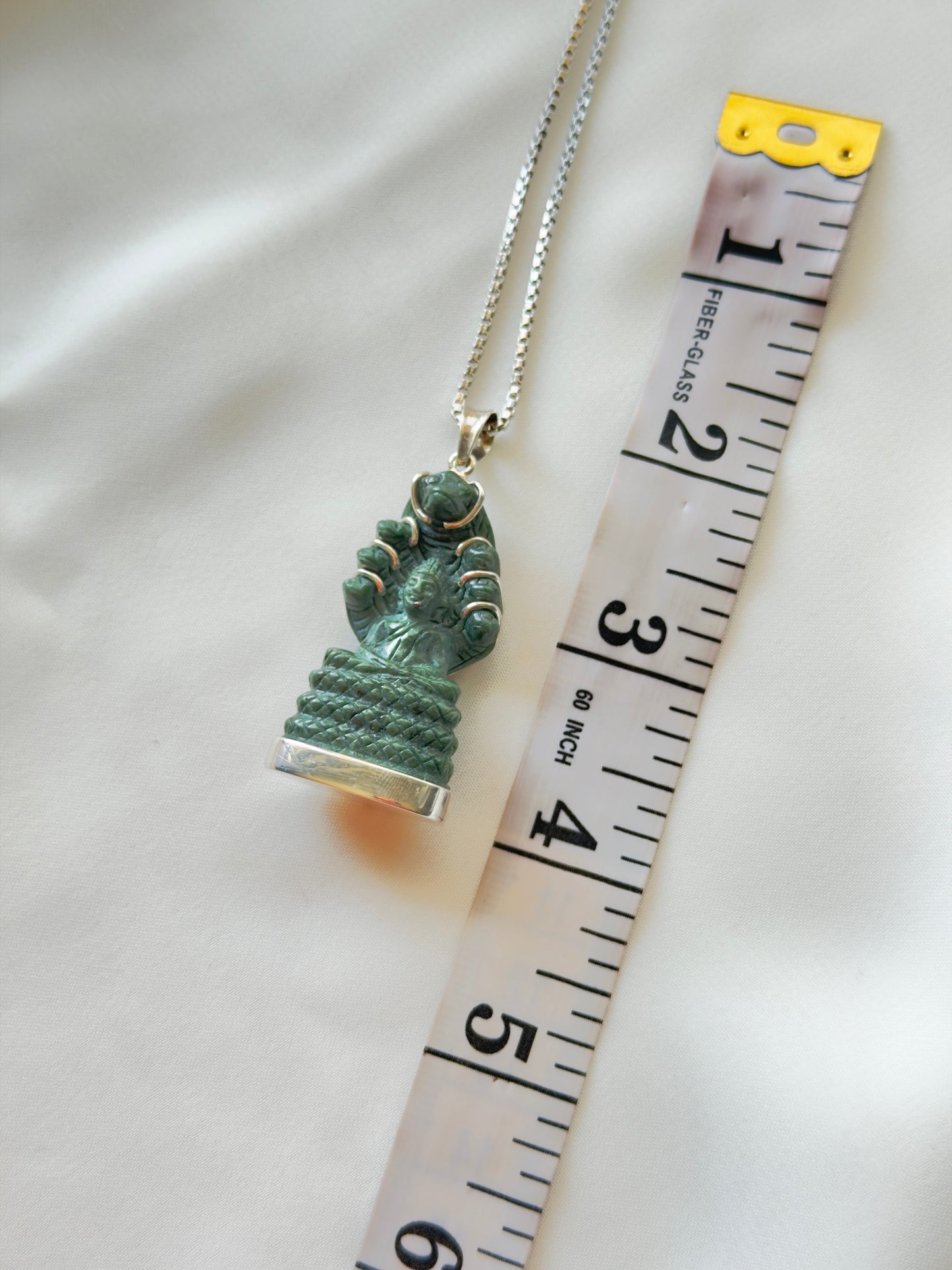 Khmer Style Green Pursat Stone Naga Buddha in Silver