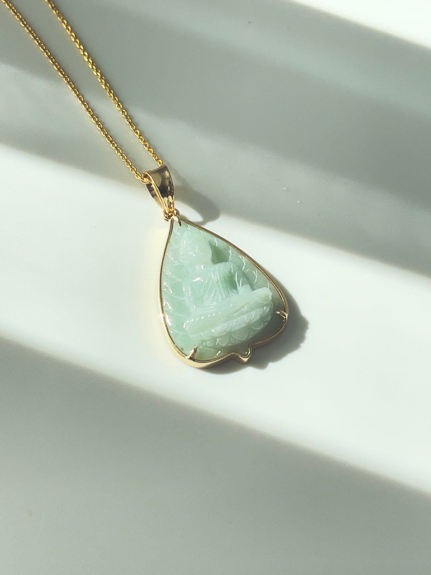 Jade Banyan Leaf Buddha Pendant 14k Gold #906