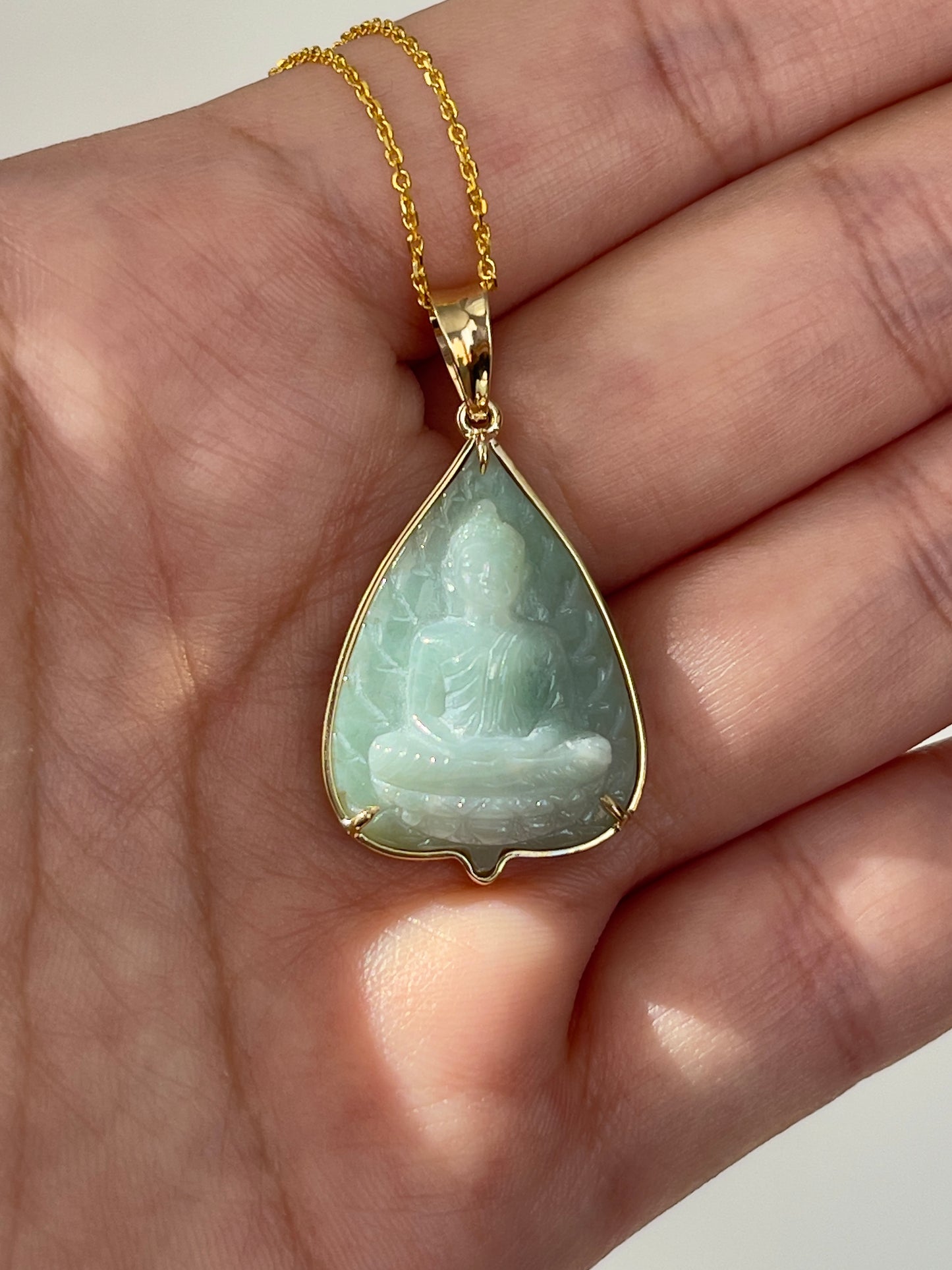 Jade Banyan Leaf Buddha Pendant 14k Gold #906