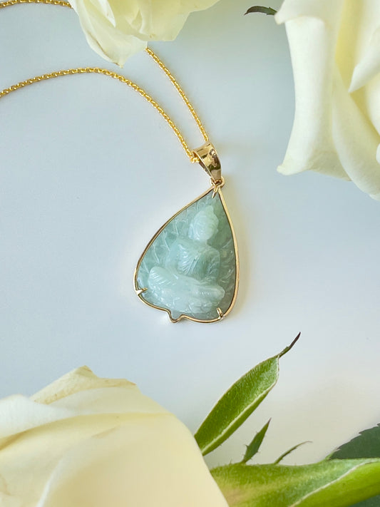Jade Banyan Leaf Buddha Pendant 14k Gold #906