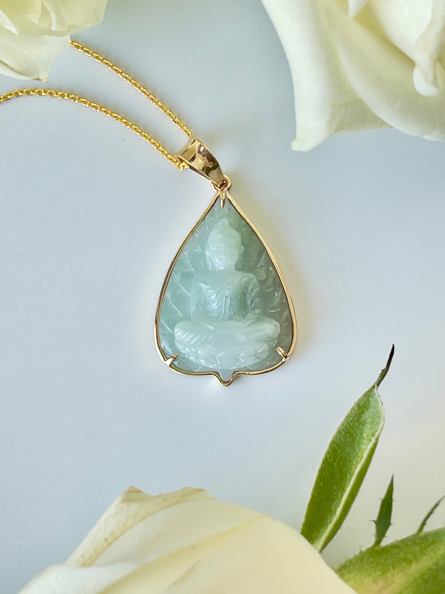 Jade Banyan Leaf Buddha Pendant 14k Gold #906