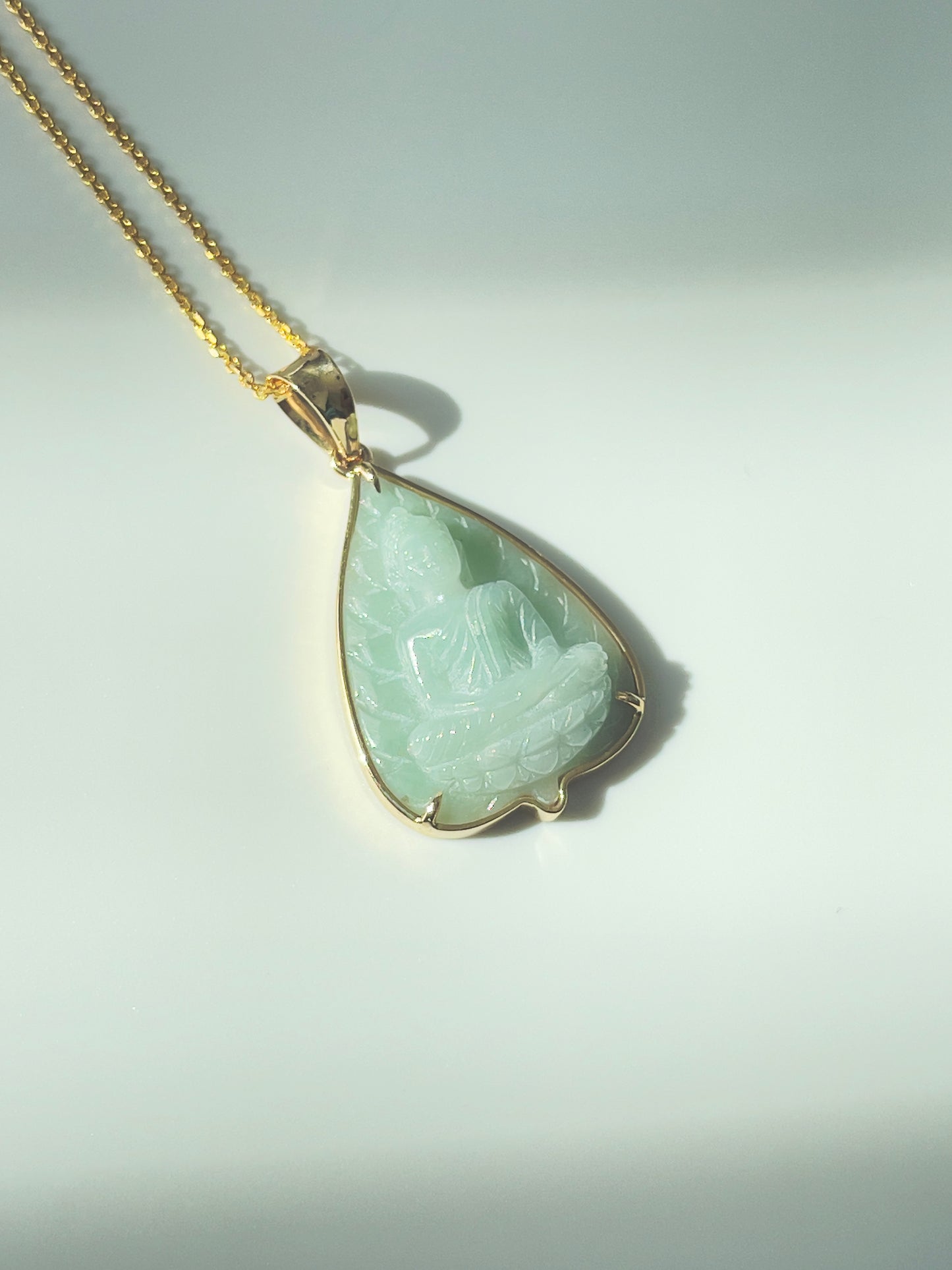 Jade Banyan Leaf Buddha Pendant 14k Gold #906