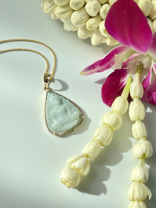 Jade Banyan Leaf Buddha Pendant 14k Gold #907