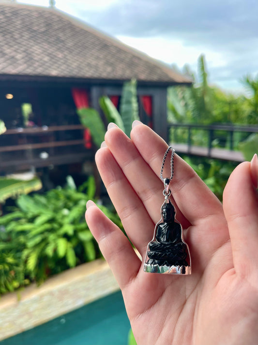 Black Onyx Buddha in Silver Lotus