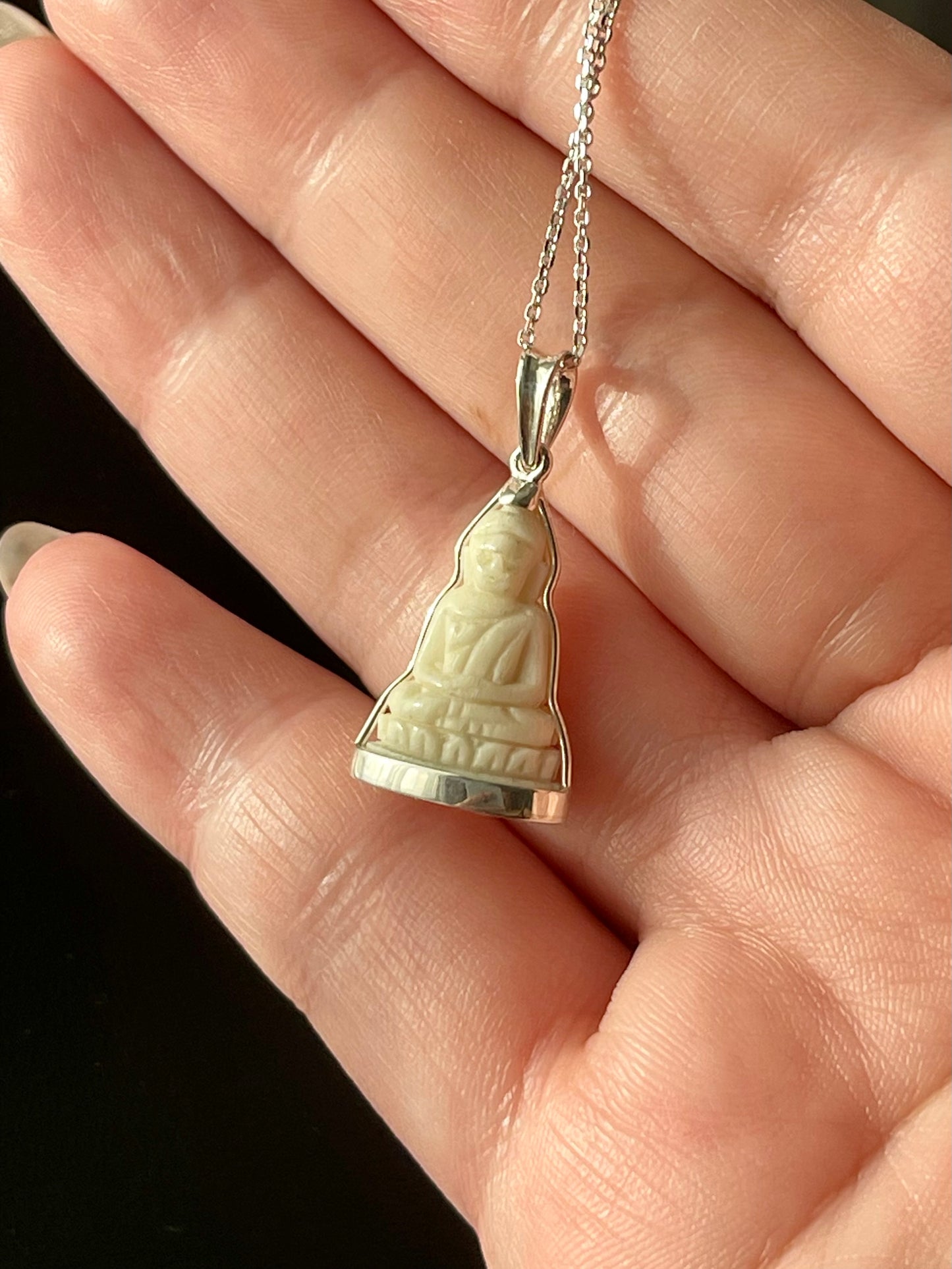 Double-Sided Cow Bone Buddha Pendant in Silver #899