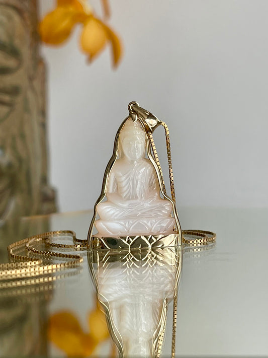 Mother of Pearl Buddha Pendant in Solid 14K Gold Lotus #847