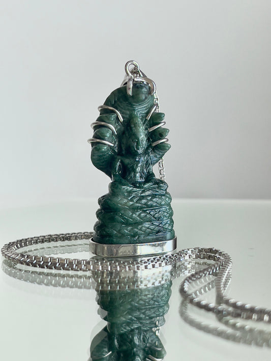 Khmer Style Green Pursat Stone Naga Buddha in Silver