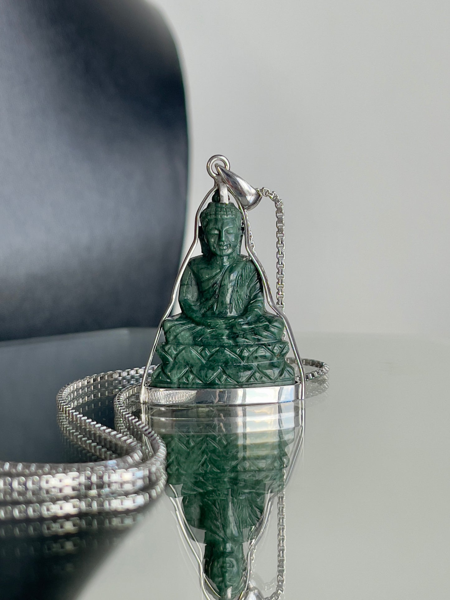Khmer Style Green Pursat Stone Buddha in Silver