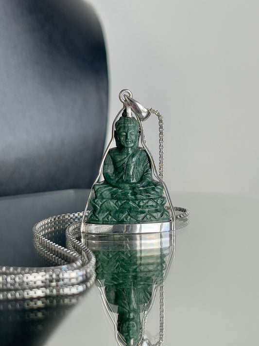 Khmer Style Green Pursat Stone Buddha in Silver