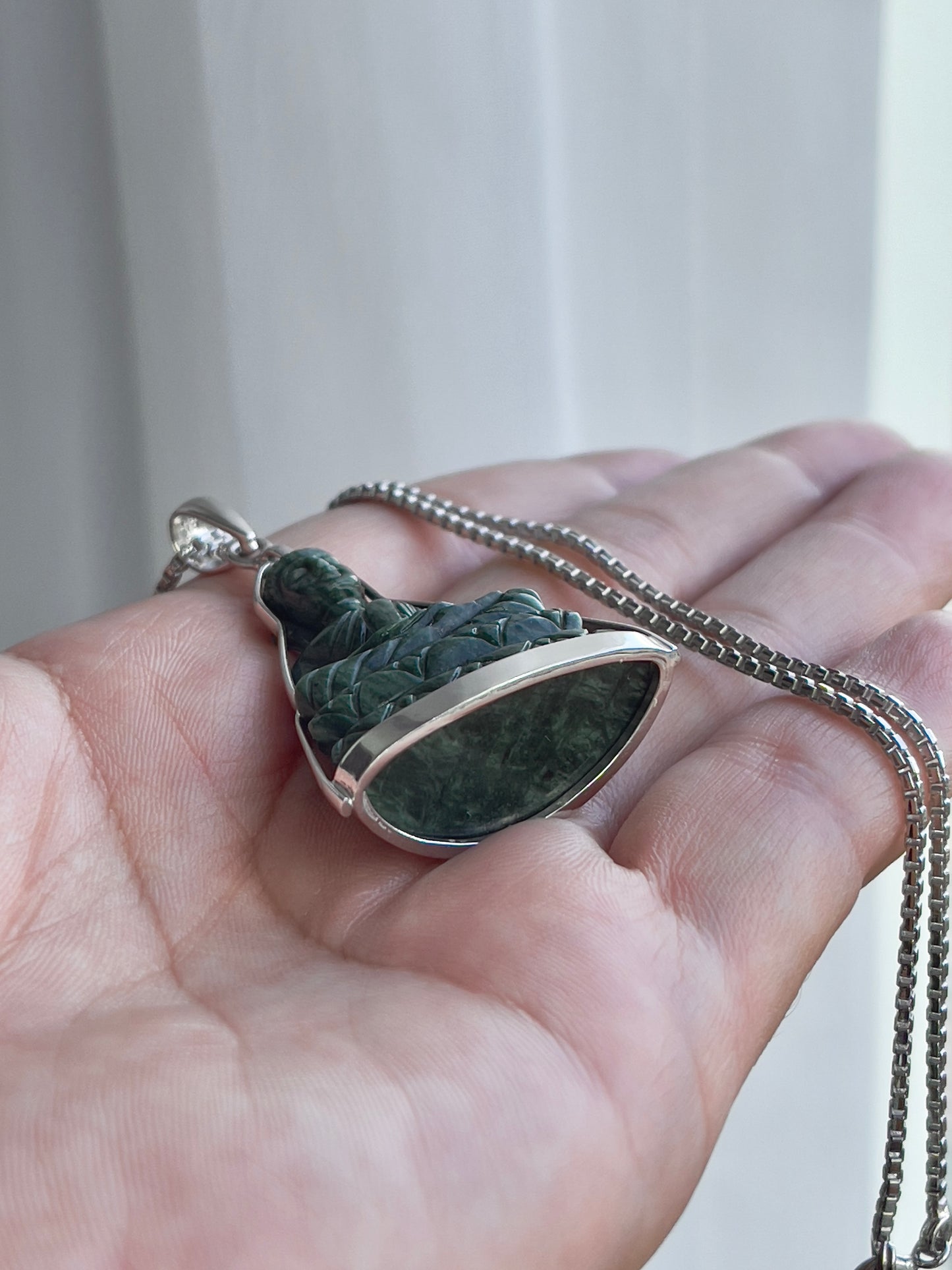 Khmer Style Green Pursat Stone Buddha in Silver