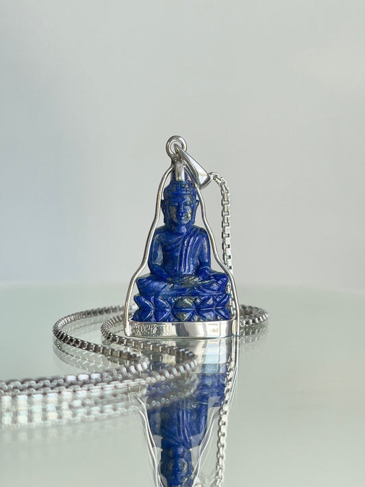 Blue Lapis Lazuli Khmer Style Buddha Pendant in Silver #855