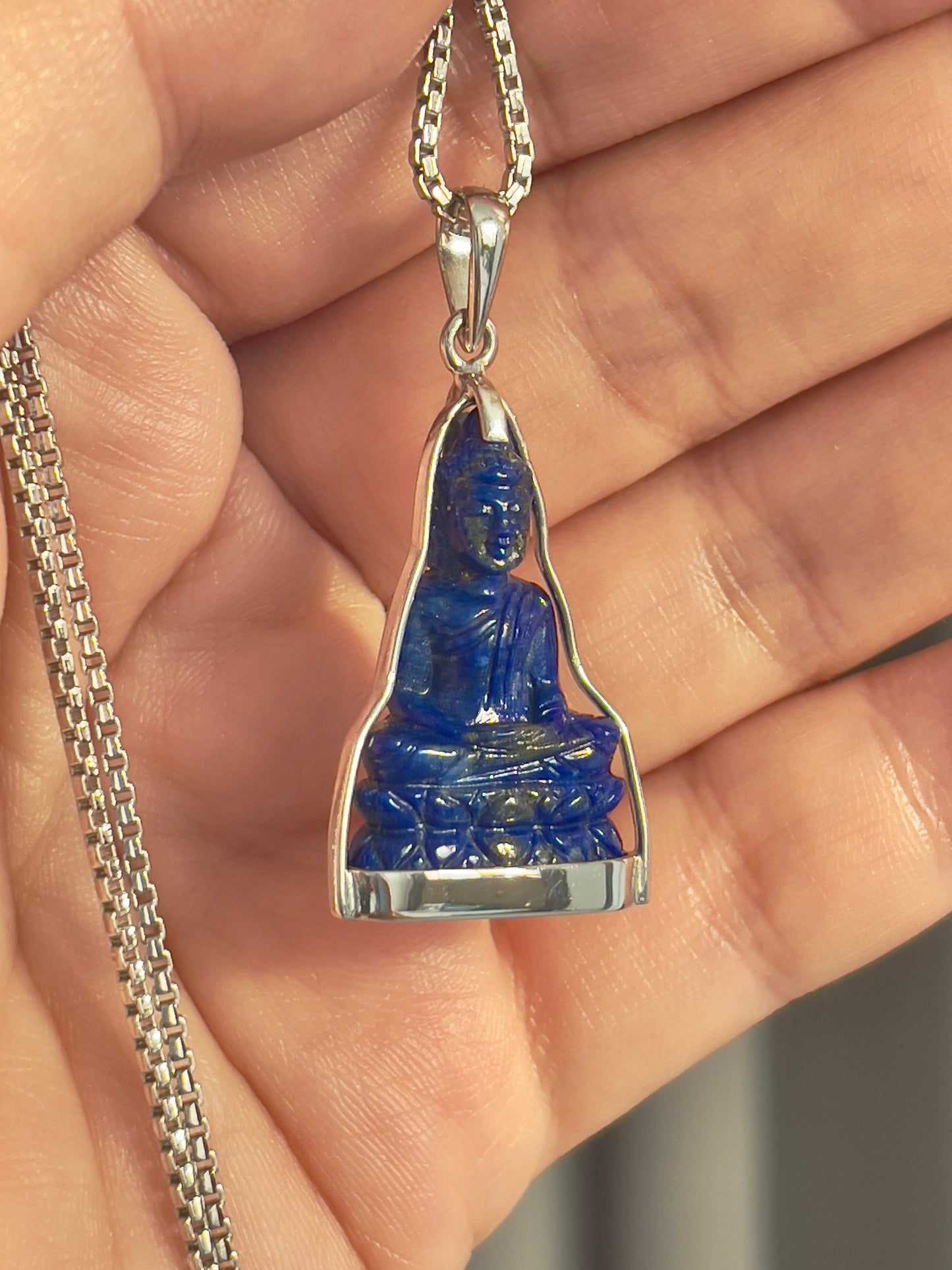 Blue Lapis Lazuli Khmer Style Buddha Pendant in Silver #855