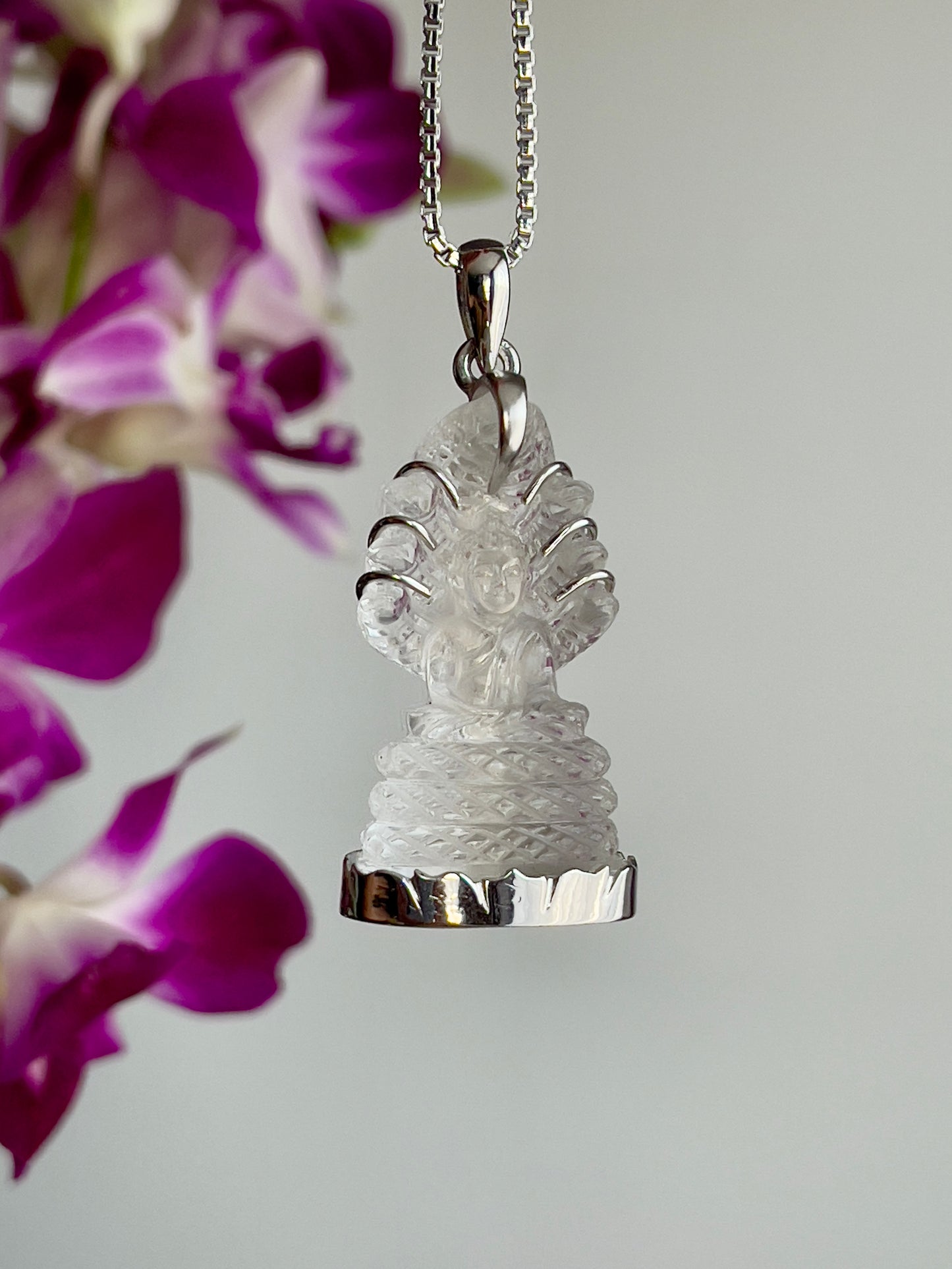 Clear Naga Buddha in Silver with Lotus Motif