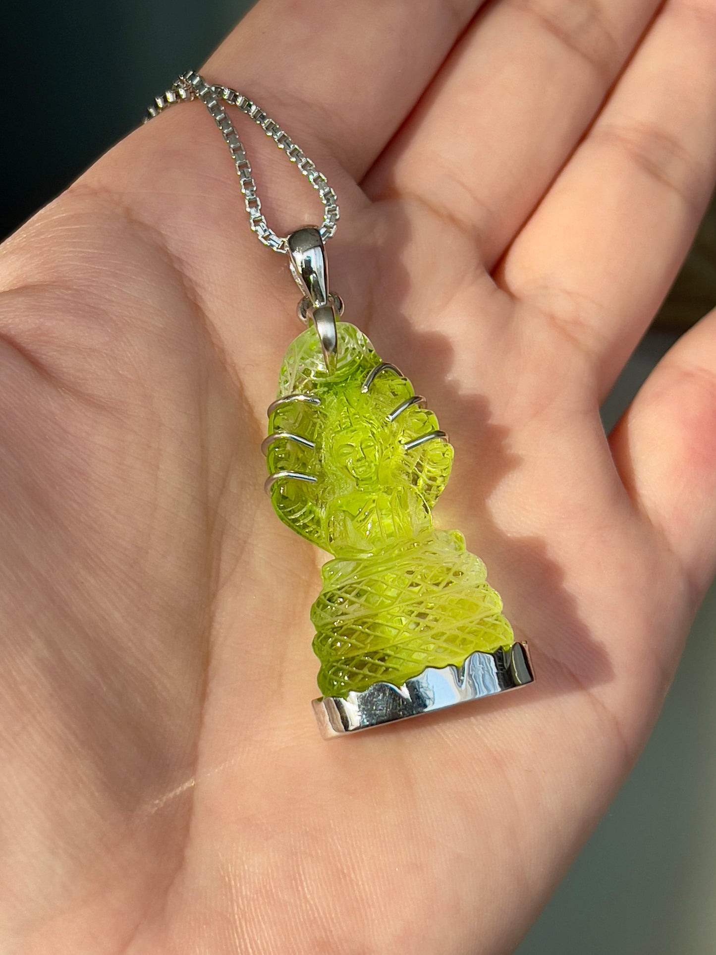 Neon Green Naga Buddha in Silver with Lotus Motif