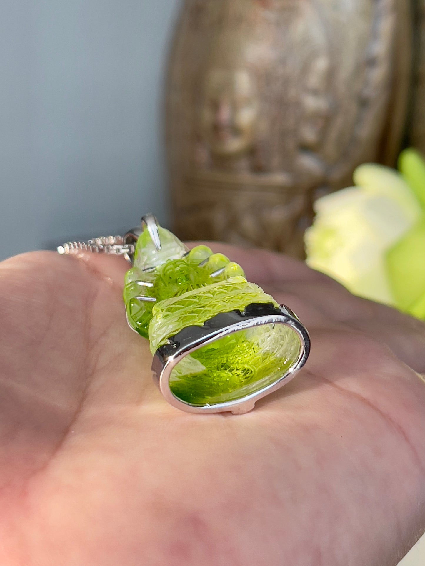 Neon Green Naga Buddha in Silver with Lotus Motif