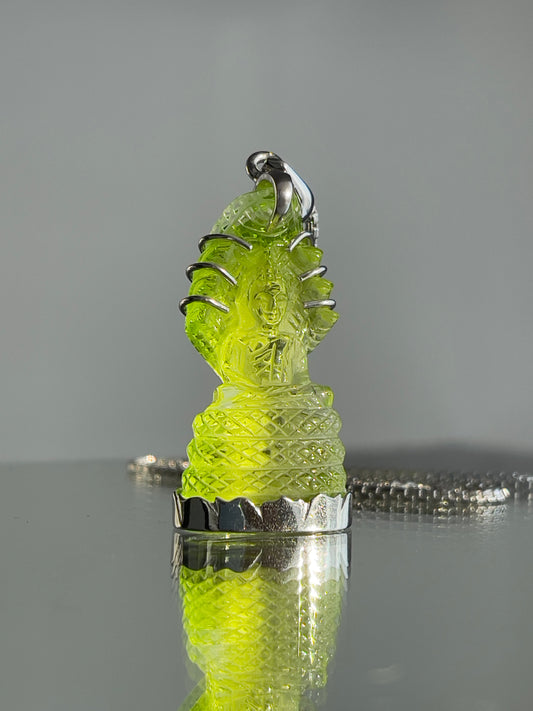 Neon Green Naga Buddha in Silver with Lotus Motif