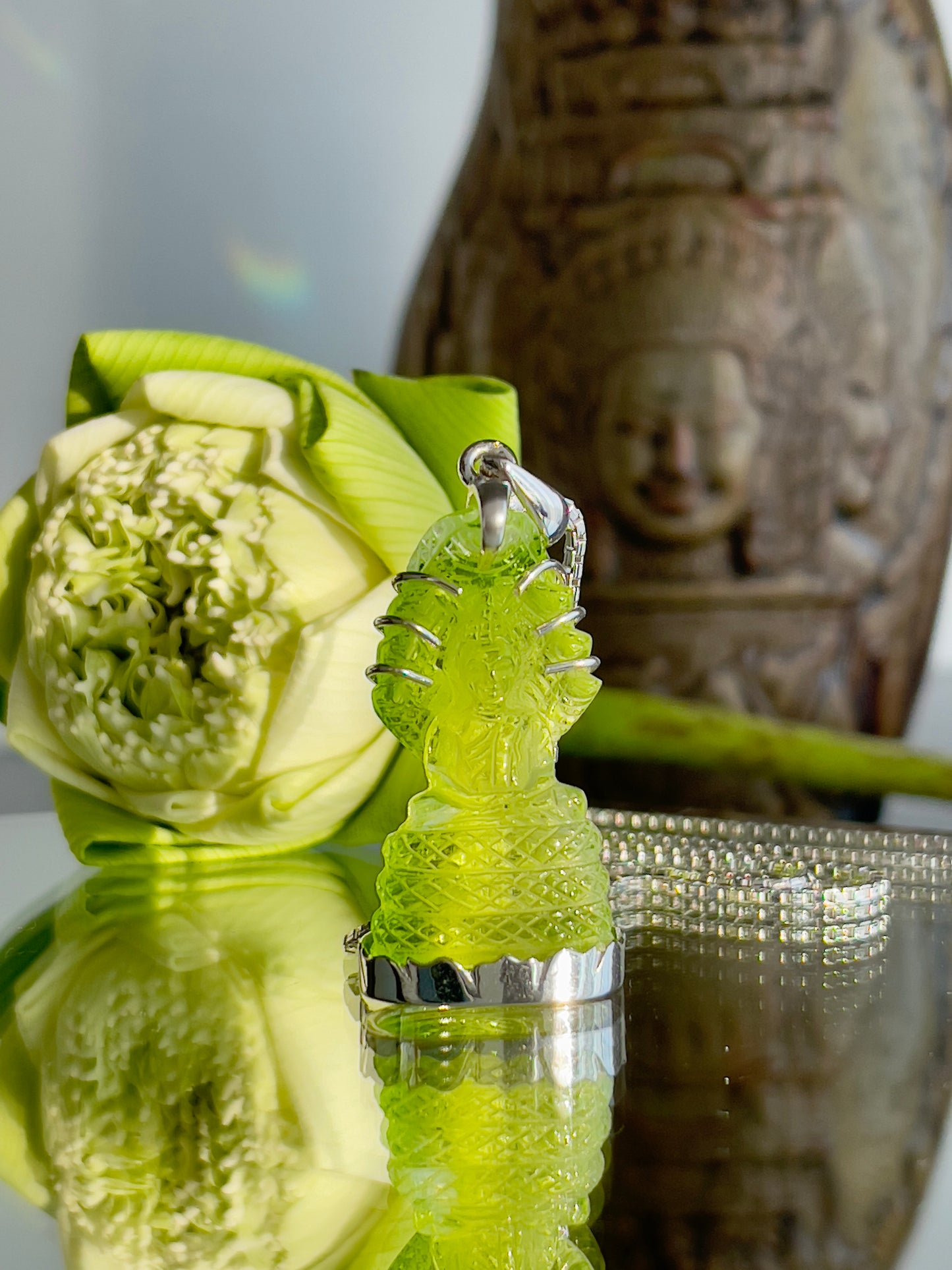 Neon Green Naga Buddha in Silver with Lotus Motif