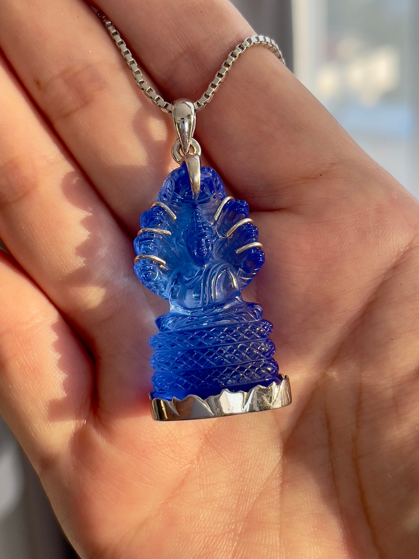 Blue Naga Buddha in Silver with Lotus Motif