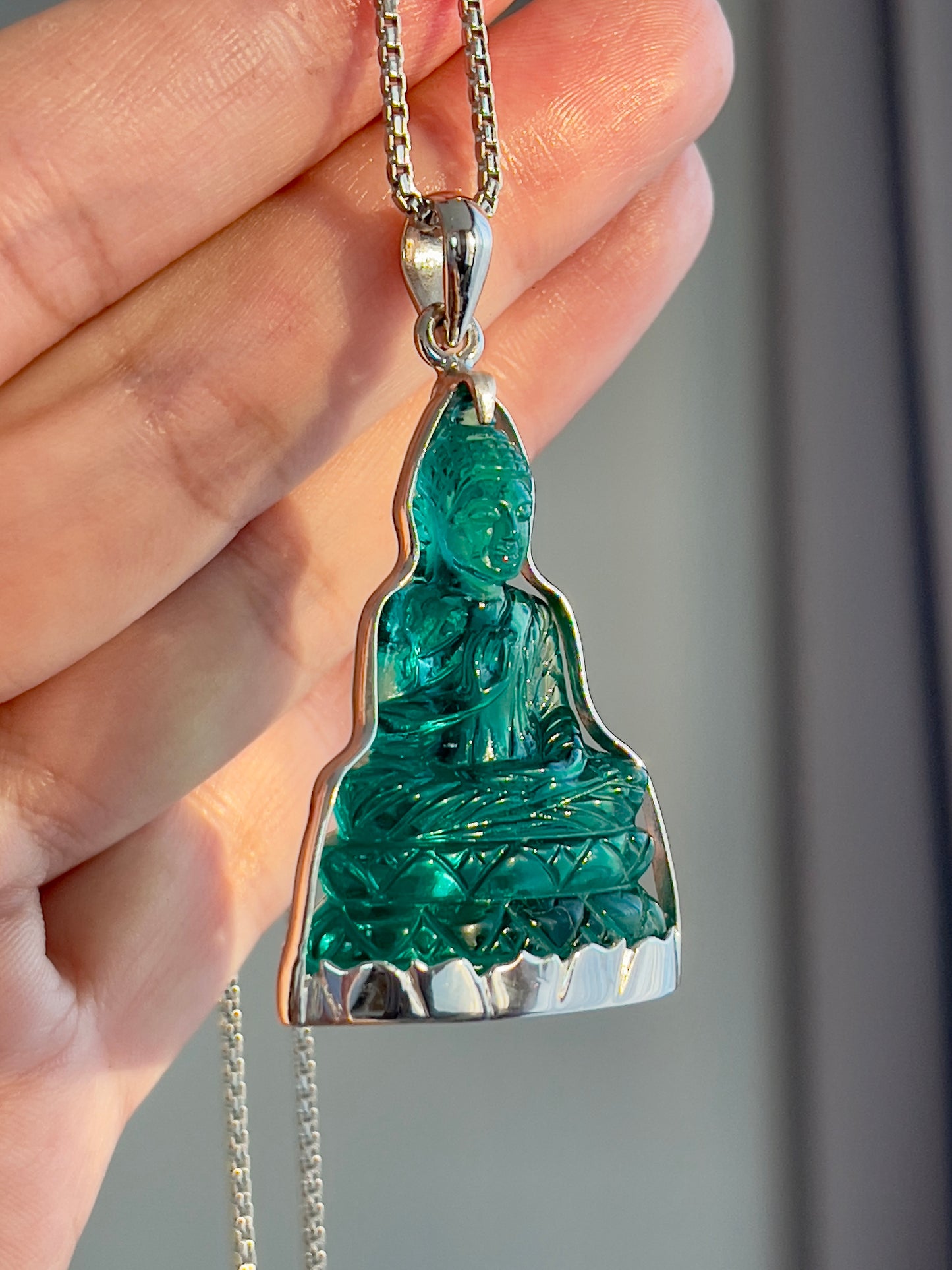 Teal Buddha in Silver with Lotus Motif