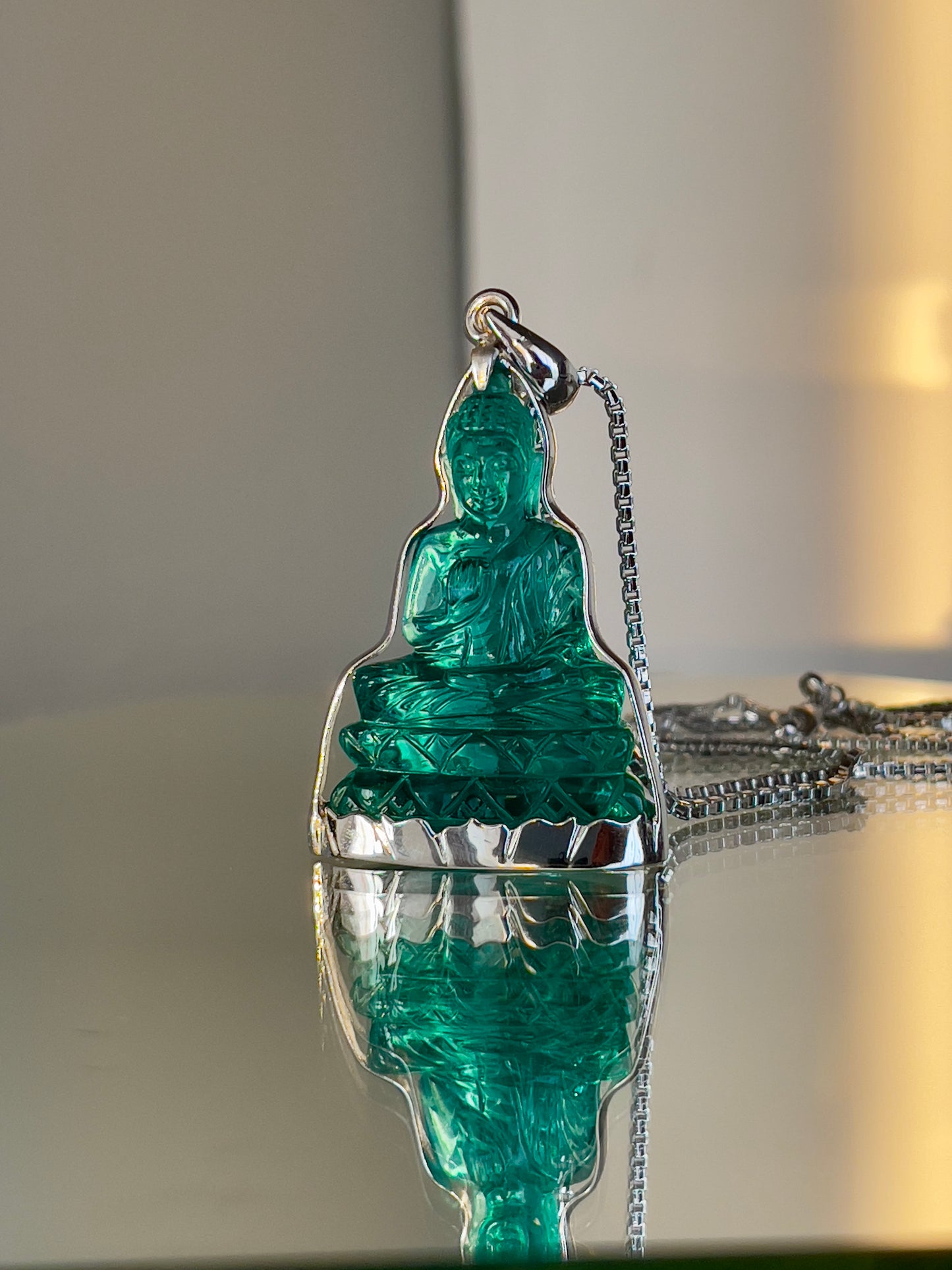 Teal Buddha in Silver with Lotus Motif