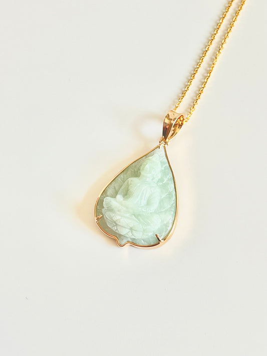 Jade Banyan Leaf Buddha Pendant 18k Gold #861