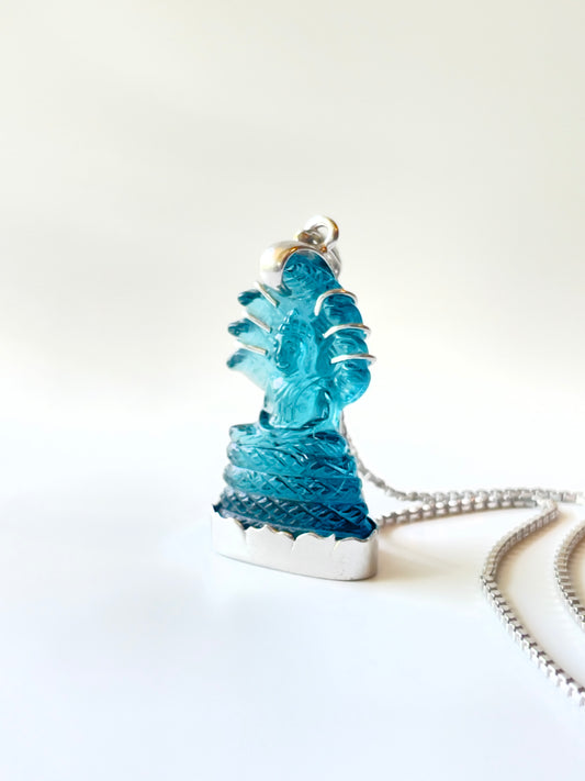 Muted Blue Naga Buddha in Silver with Lotus Motif & CZ Bail #862