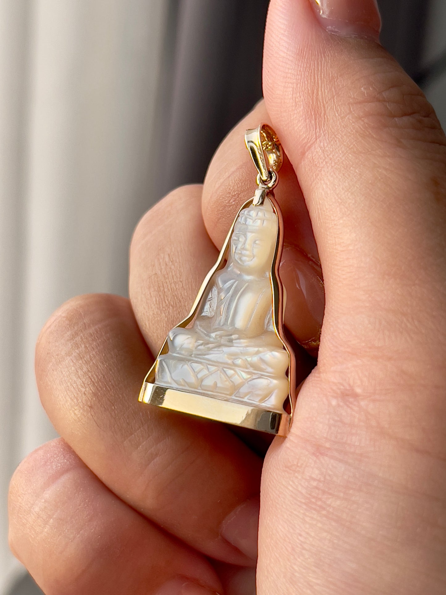 Mother of Pearl Buddha Pendant in Solid 14K Gold