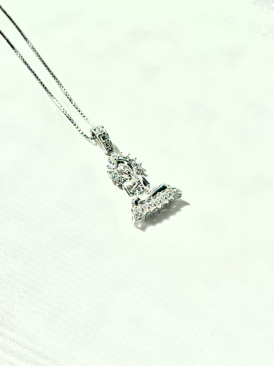 White Gold Plated Silver Buddha Pendant with Cubic Zirconia