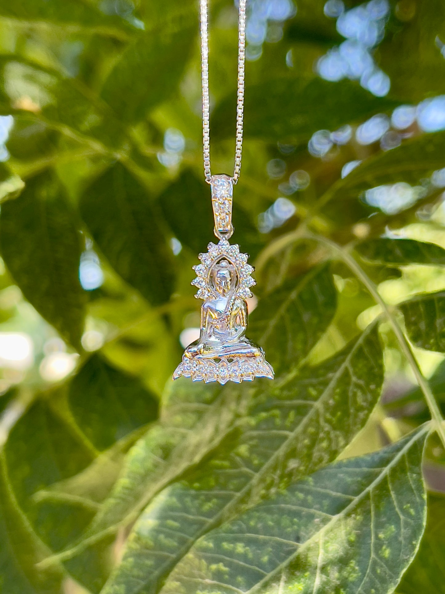 White Gold Plated Silver Buddha Pendant with Cubic Zirconia