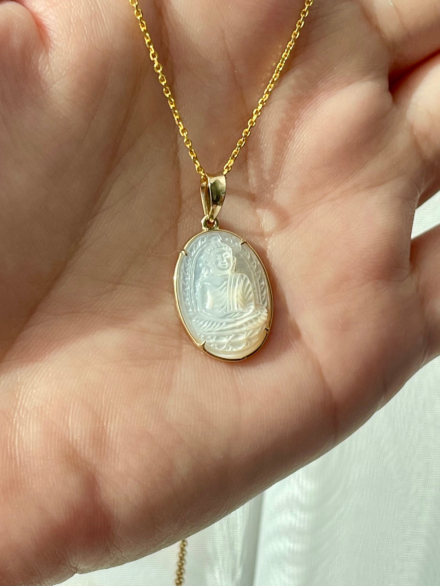 Mother of Pearl Oval Cabochon Buddha Pendant 18k Gold