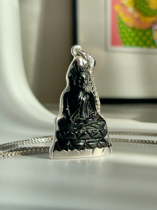 Black Onyx Buddha in Silver Lotus with CZ Bail