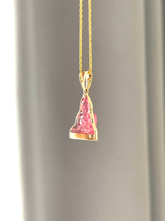 Mini Pink Tourmaline Gemstone Buddha Pendant in 10k Yellow Gold #870
