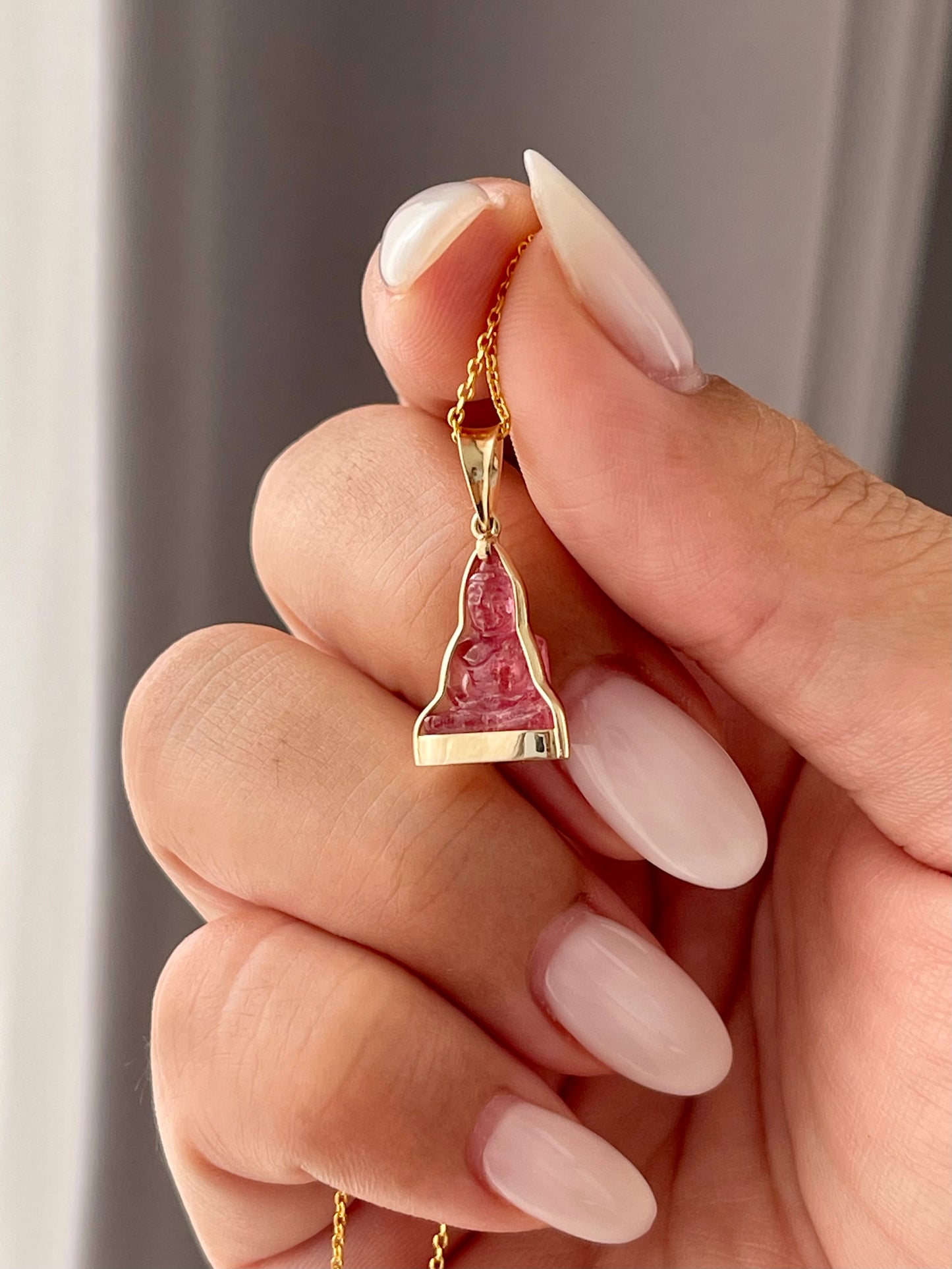 Mini Pink Tourmaline Gemstone Buddha Pendant in 10k Yellow Gold #870