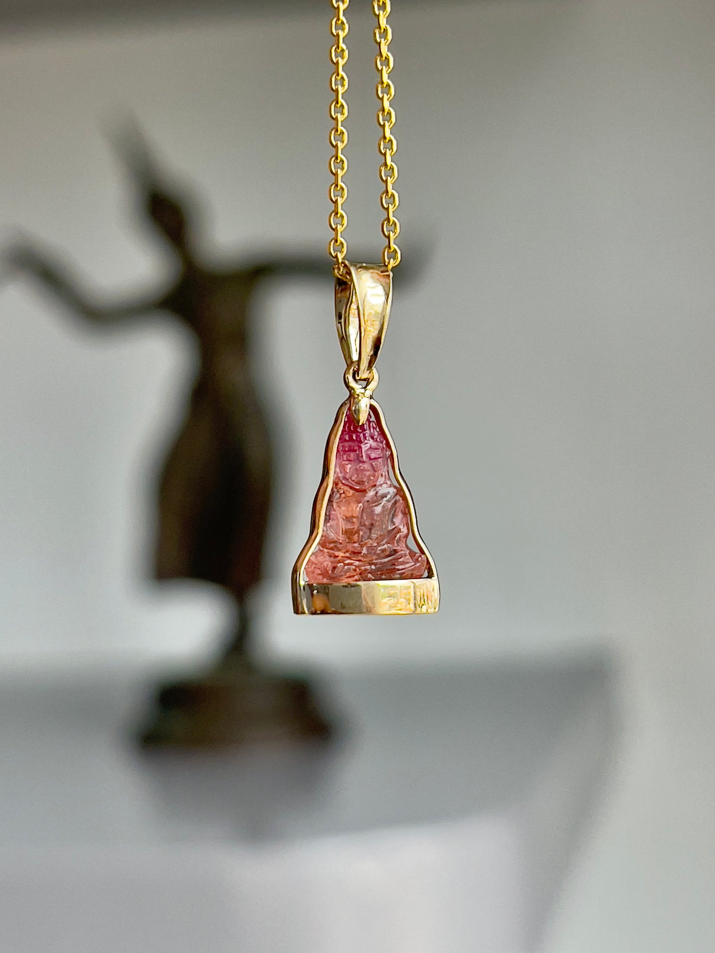 Mini Pink Bi-Color Tourmaline Gemstone Buddha Pendant in 10k Yellow Gold #871