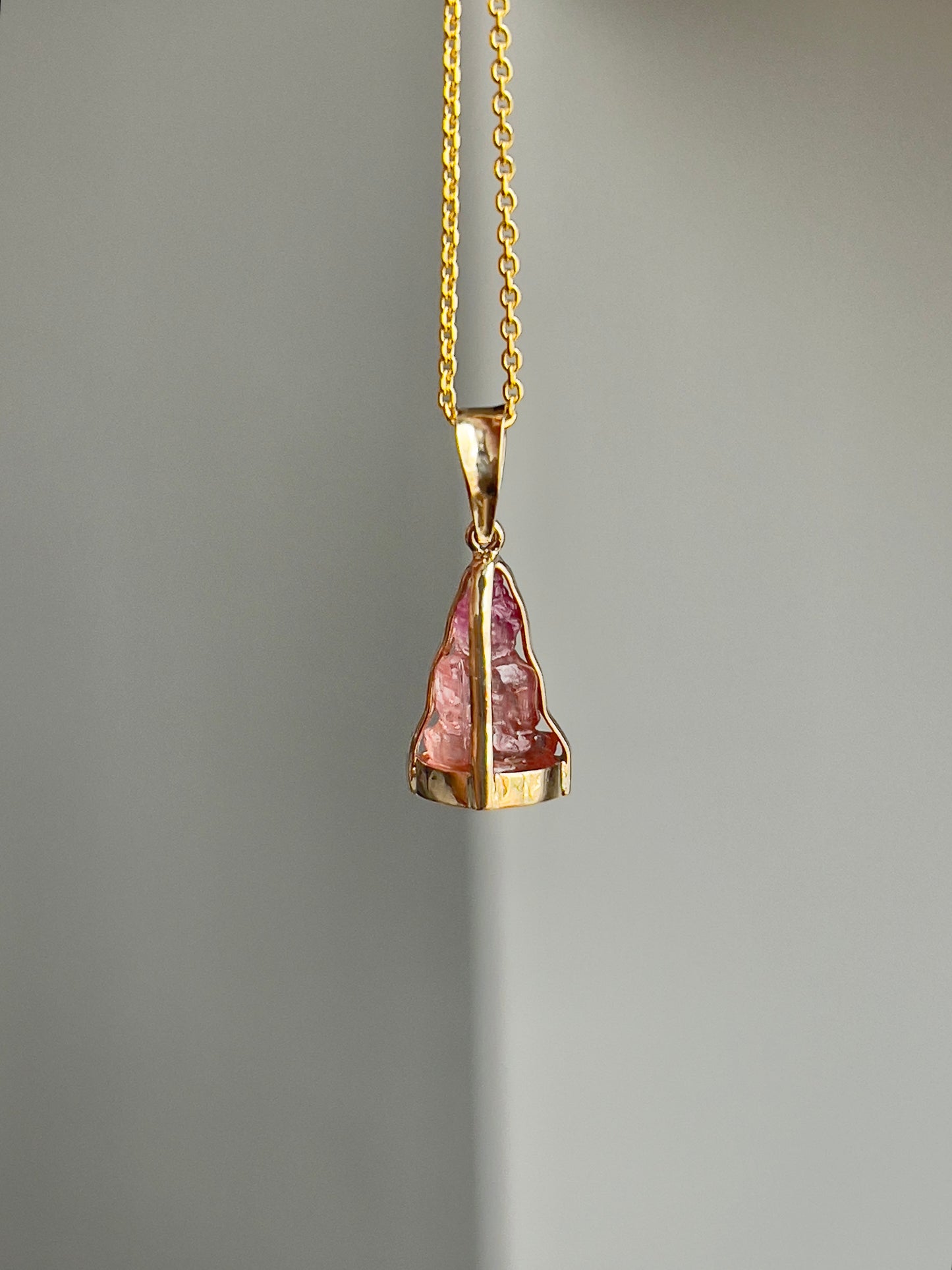 Mini Pink Bi-Color Tourmaline Gemstone Buddha Pendant in 10k Yellow Gold #871
