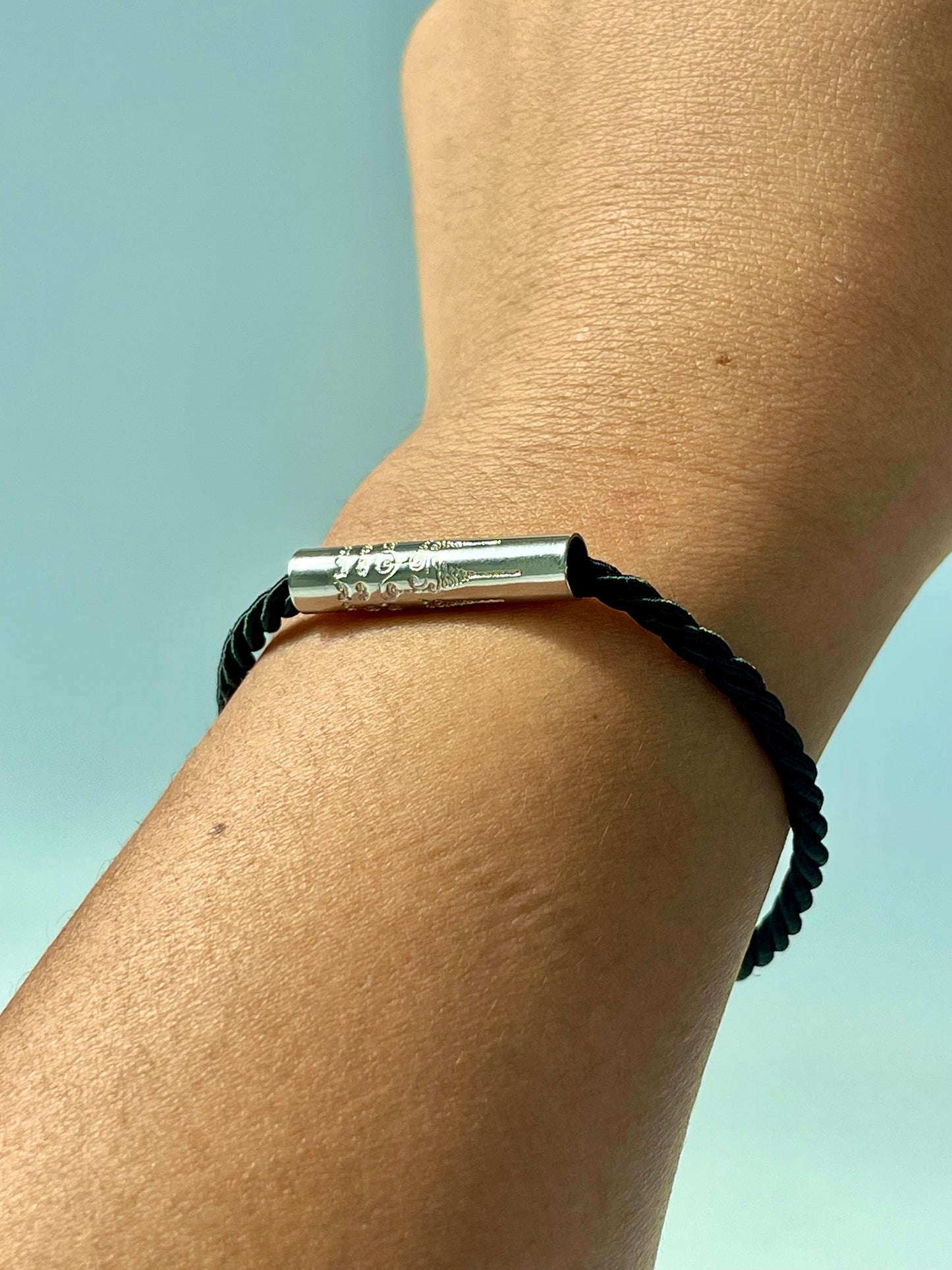 Black Sacred Yantra Bracelet – Silver Khmer Katha, Engraved Metal, Cord 7-7.5" (REGULAR)