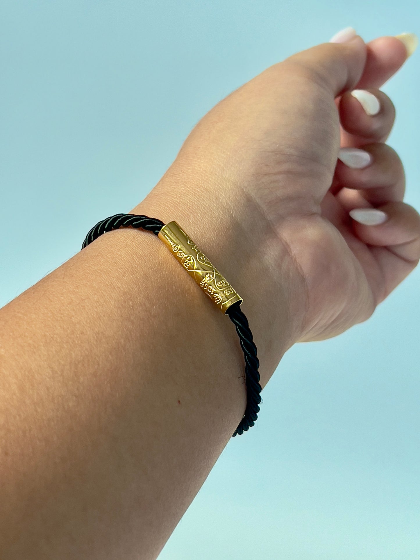 Black Sacred Yantra Bracelet – Gold Khmer Katha, Engraved Metal, Cord 7-7.5" (REGULAR)