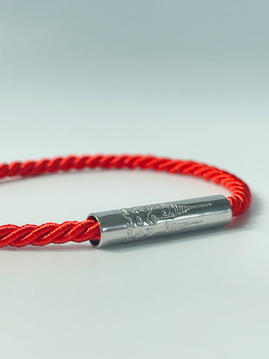 Red Sacred Yantra Bracelet – Silver Khmer Katha, Engraved Metal, Cord 7-7.5" (REGULAR)