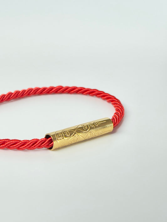 Red Sacred Yantra Bracelet – Gold Khmer Katha, Engraved Metal, Cord 7-7.5" (REGULAR)