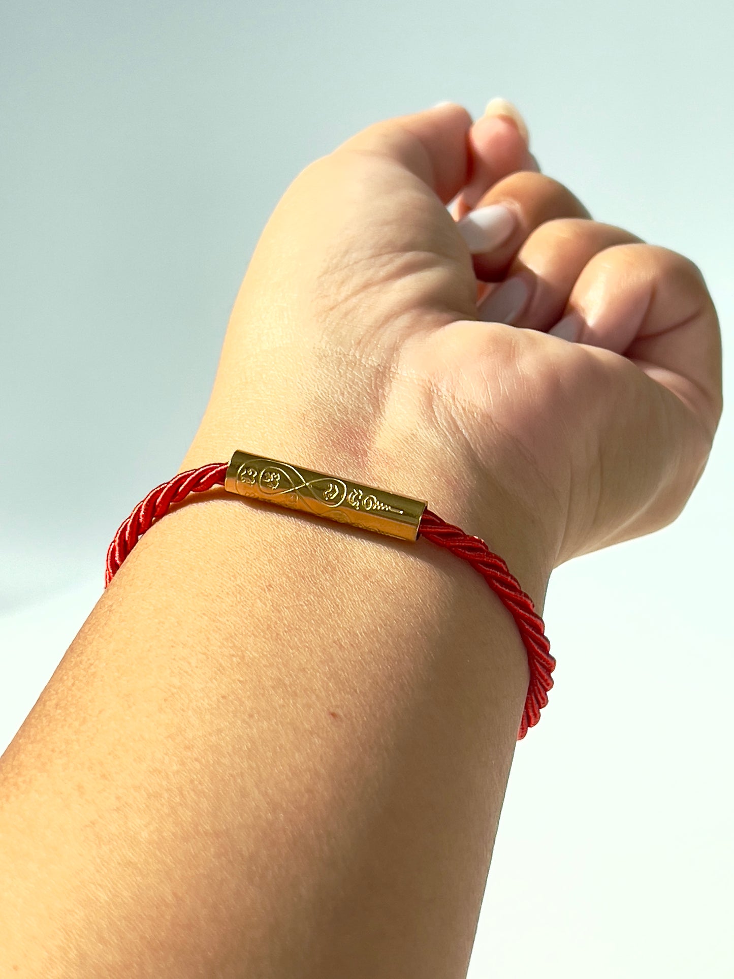 Red Sacred Yantra Bracelet – Gold Khmer Katha, Engraved Metal, Cord 7-7.5" (REGULAR)
