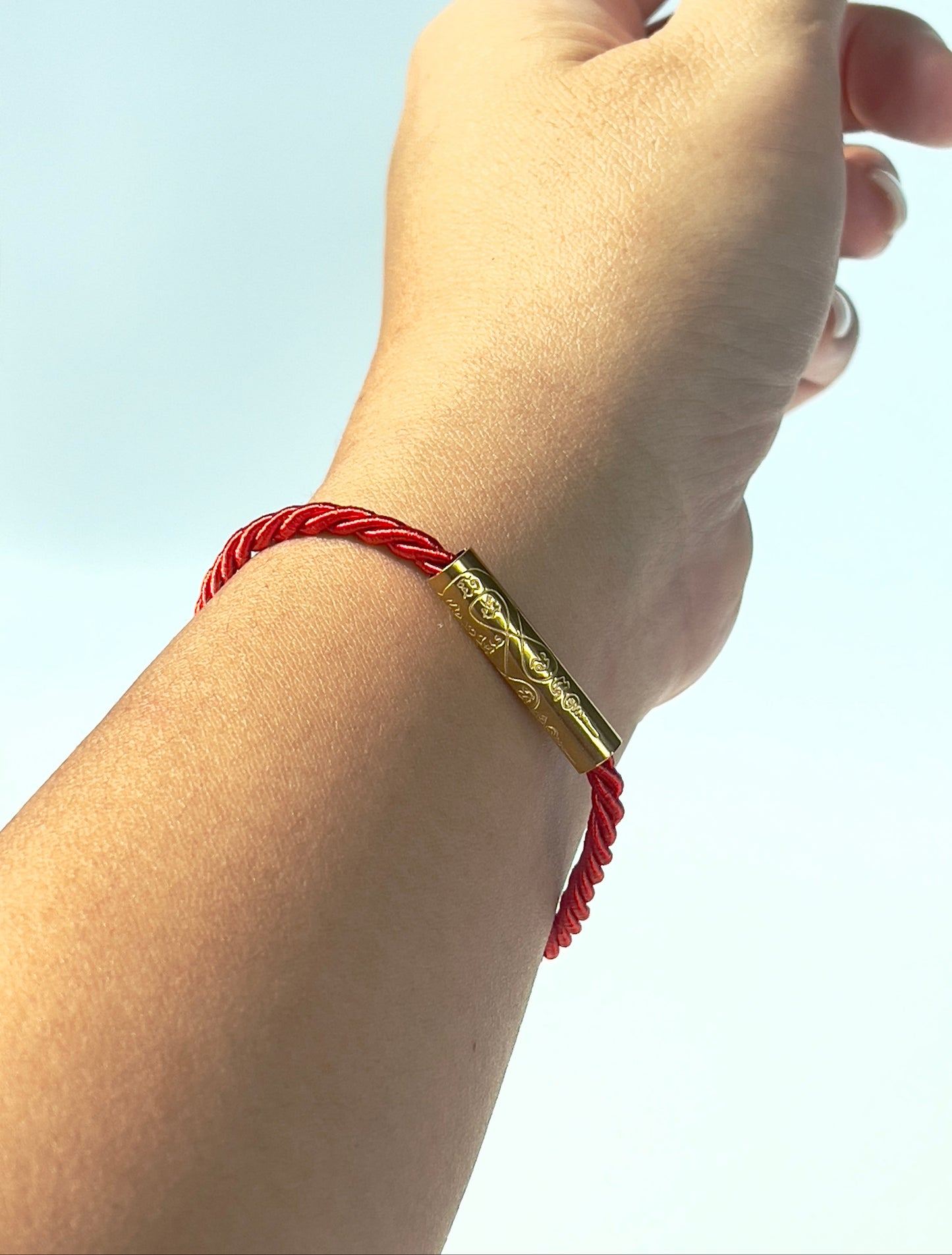 Red Sacred Yantra Bracelet – Gold Khmer Katha, Engraved Metal, Cord 7-7.5" (REGULAR)